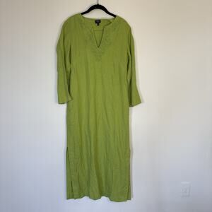 Talbots Irish Linen Dress Women's 10‎ petite Green Embroidered Tunic Pockets